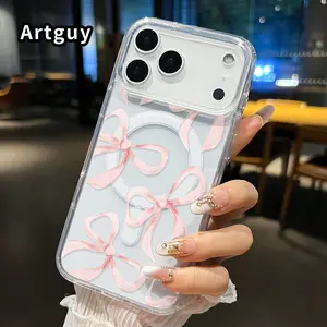 Magnetic Soft Case for iPhone 17 Pro Max 17 Air Non-Yellowing Drop Protection Transparent Acrylic Large Hole Pink Ribbon Fantasy Pattern Shockproof Silicone Cover Supports Wireless Charging
