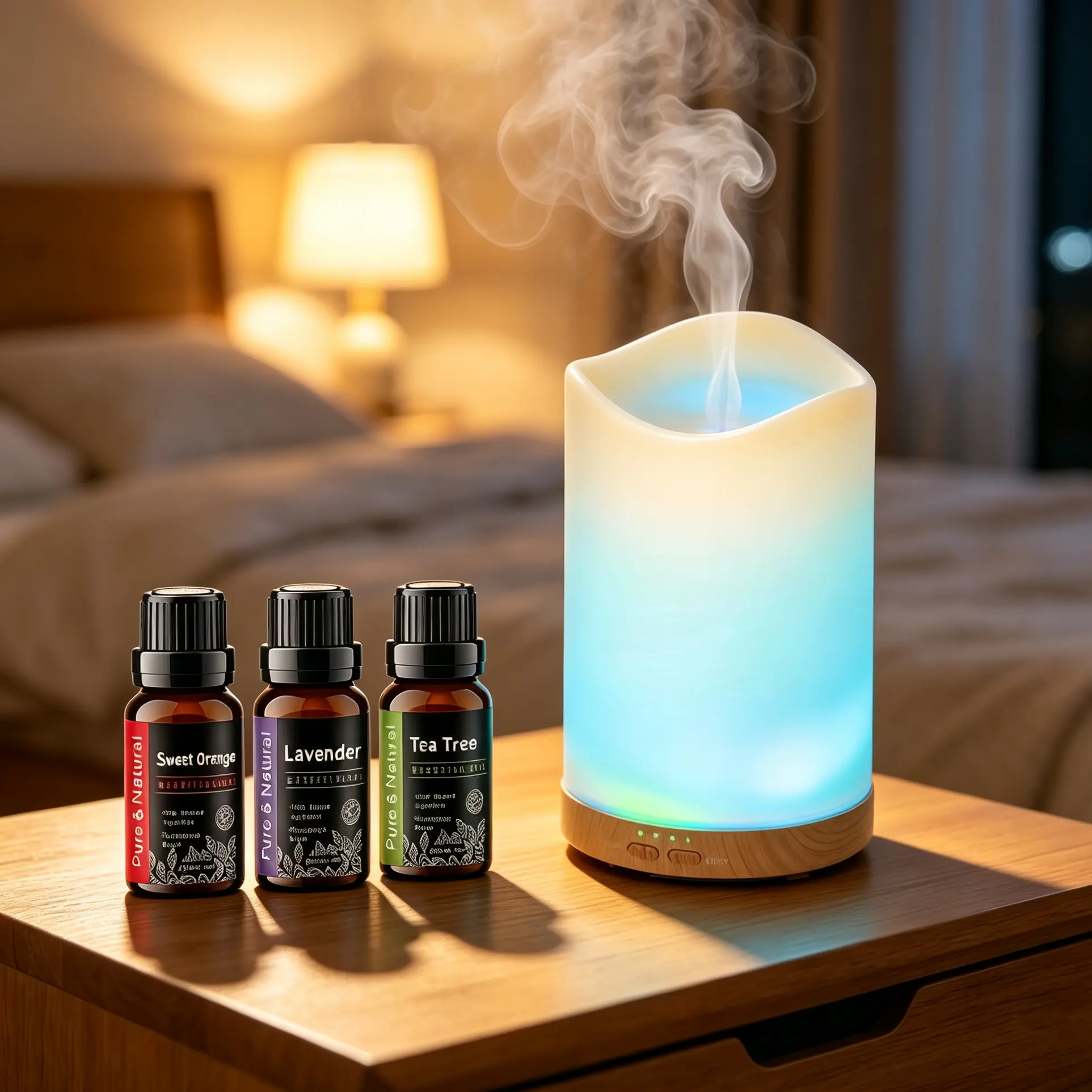 130ml Candle-Shape Ultrasonic Humidifier Set - 7-Color LED Night Light, Timer, Quiet Operation, 3 Essential Oils Included for Bedroom (Household Home Appliance)