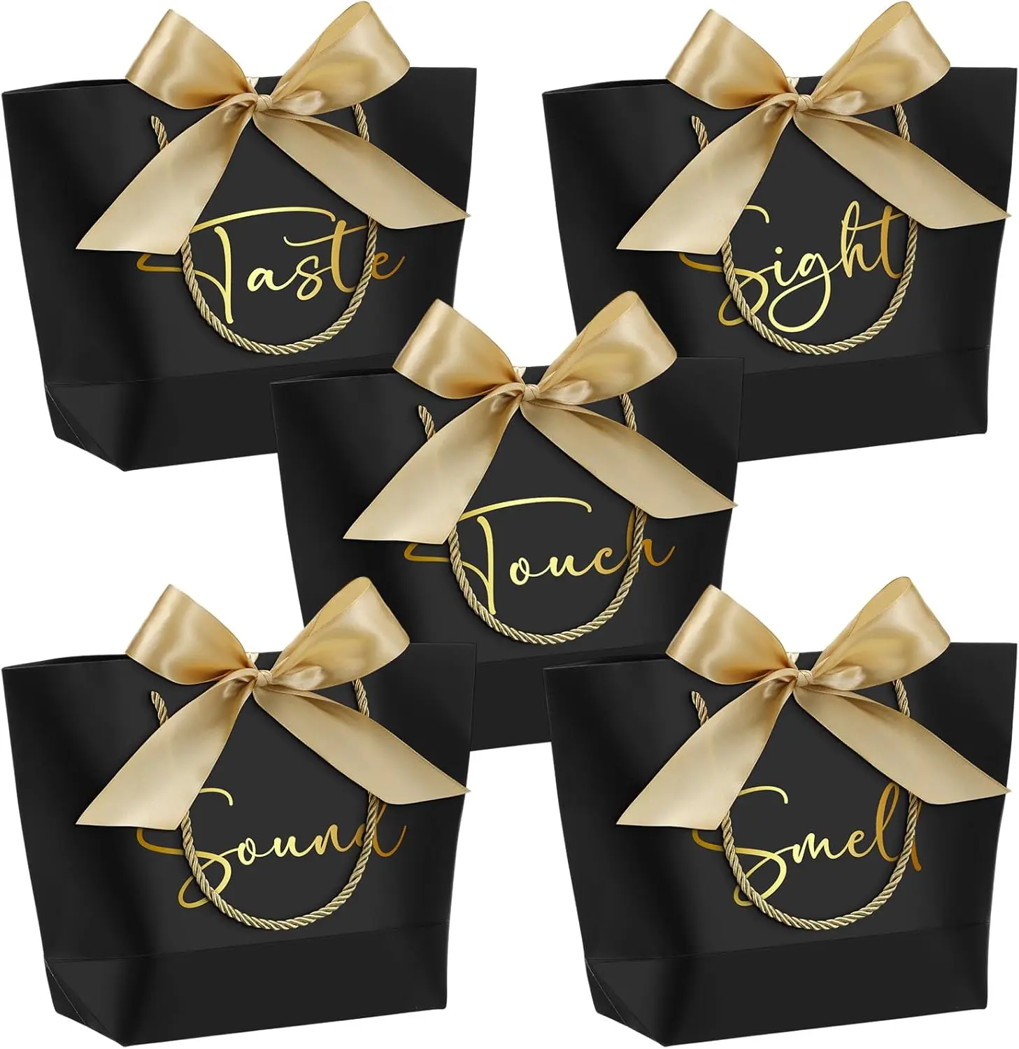 5 Pack 5 Senses  Bags for Him Her with Handles, Five Senses Paper  Bags with Bow Ribbon for Wedding Birthday  Shower Anniversary Party Supplies (Black)