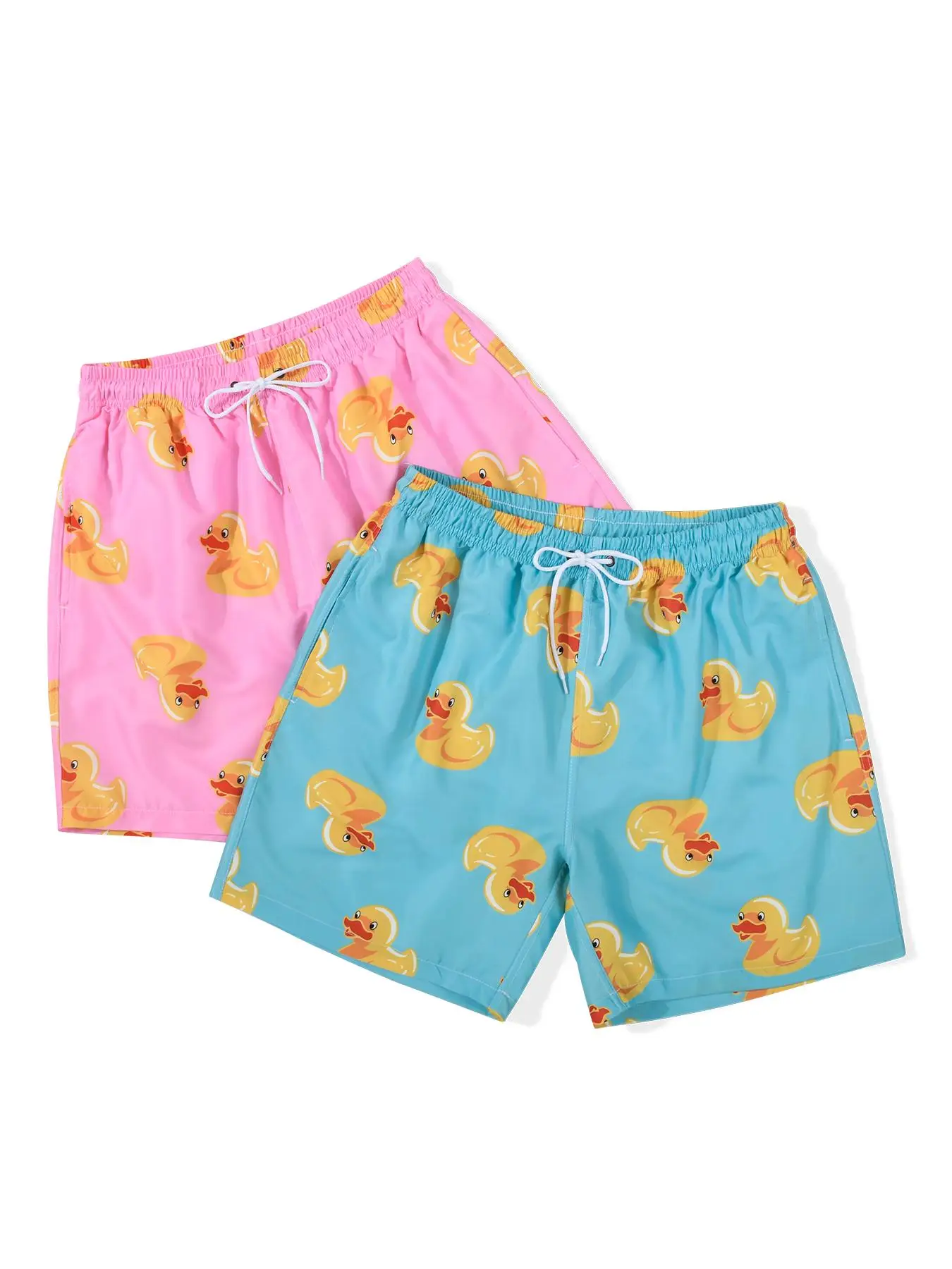 Men's Cartoon Duck Print Drawstring Shorts Set, Casual Elastic Waist Pocket Track Shorts for Summer, Back To School Outfits, Men's Bottoms for Outdoor