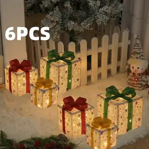 Set of 6 Light-Up Christmas Gift Boxes, Silver Color Star Design, 48 LED Lights, Indoor & Outdoor Decoration, Party Decoration Supplies, Perfect Holiday Gifts