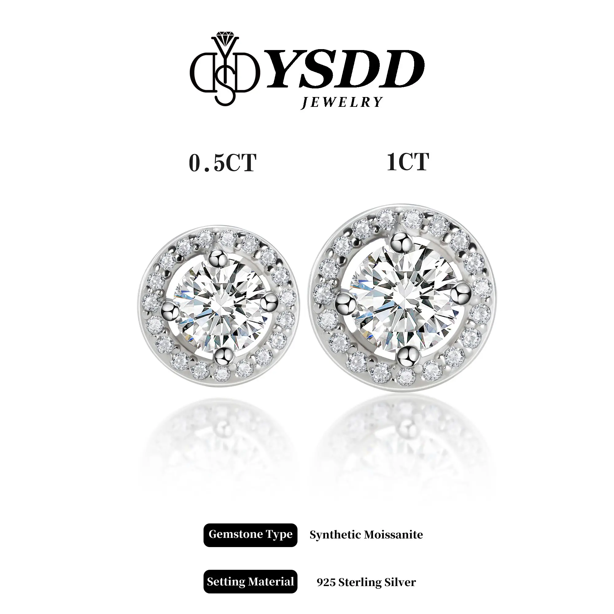 【#25】Synthetic Moissanite Round Halo Earrings Stud in 925 Sterling Silver for Women Men Hip Hop Jewelry Gift