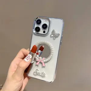 Butterfly Pearl Round Mirror for Google Pixel 10 Case, Electroplated Frame, Makeup Mirror, Transparent, Durable, Shockproof, Perfect Fit