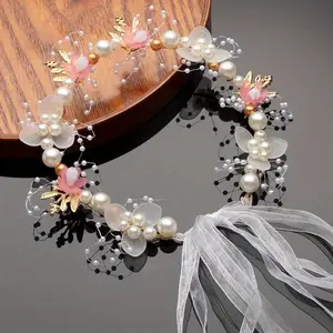 Elegant Floral Bride Headband - Gold Leaf Embellishment, Soft Pink and White Wedding Ball Hair Accessory, Suitable for Girls and Ladies