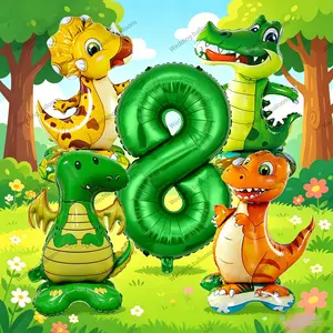 5 Piece Jungle Party Cartoon Standing Dinosaur Alligator Decor, Number Aluminum Foil Balloons, Birthday Party Decoration