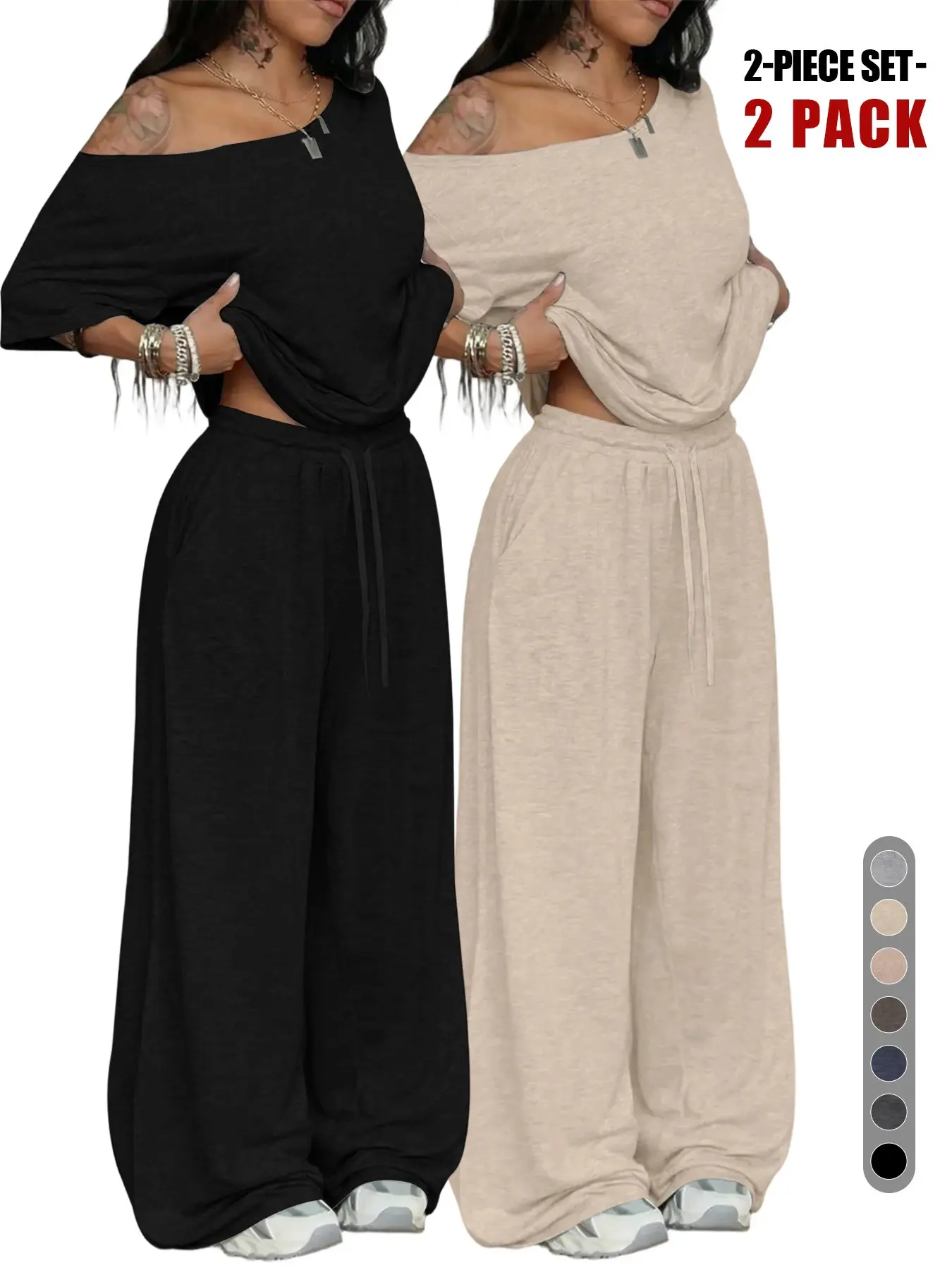 Lazy Relaxed Vibe Set, Aesthetic Off-Shoulder Crop Top and Wide Leg Pants, Multi-Colored, Loose-Fitting, Baggy, Casual, All Seasons Wear, Home and Outings