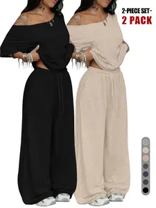 Lazy Relaxed Vibe Set, Aesthetic Off-Shoulder Crop Top and Wide Leg Pants, Multi-Colored, Loose-Fitting, All Seasons Wear, Home and Outings