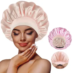 BONNET QUEEN Silk Like Bonnet Double Layer Satin Adjustable Straps Lined Hair Bonnets for Sleeping Reversible Hair Sleeping Cap for Women Curly Hairstyle Adjustable Night Breathable Hair Care Bonnet