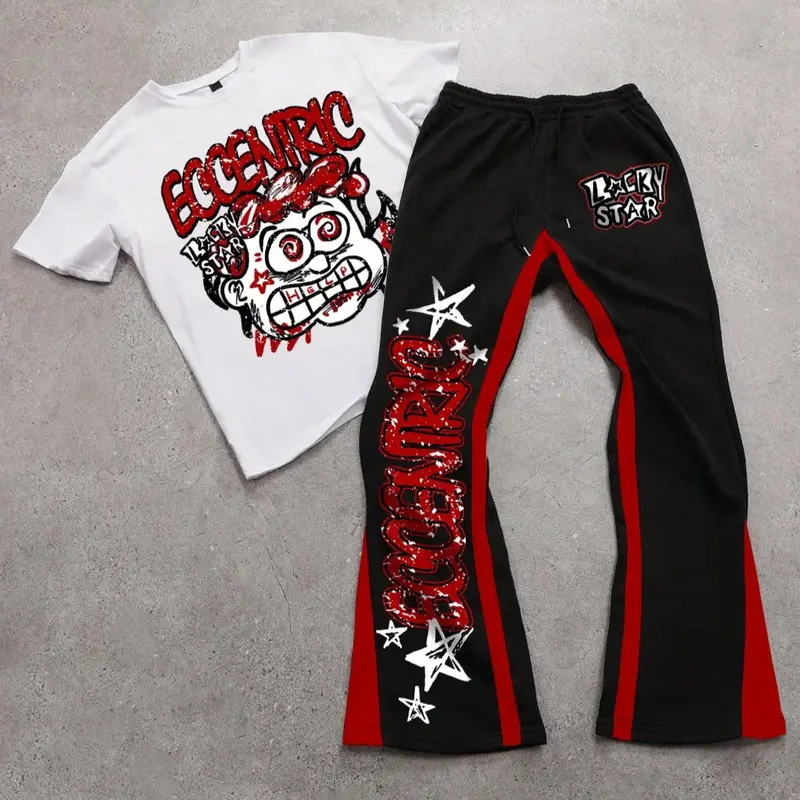 Two-Piece Set Men's Figure Graphic Tee & Colorblock Drawstring Waist Flare Leg Sweatpants, Regular Fit Round Neck Short Sleeve T-Shirt & Bell Bottom Trousers, Casual Streetwear Fashion Cozy Breathable Men Two-Piece Outfits for All Seasons