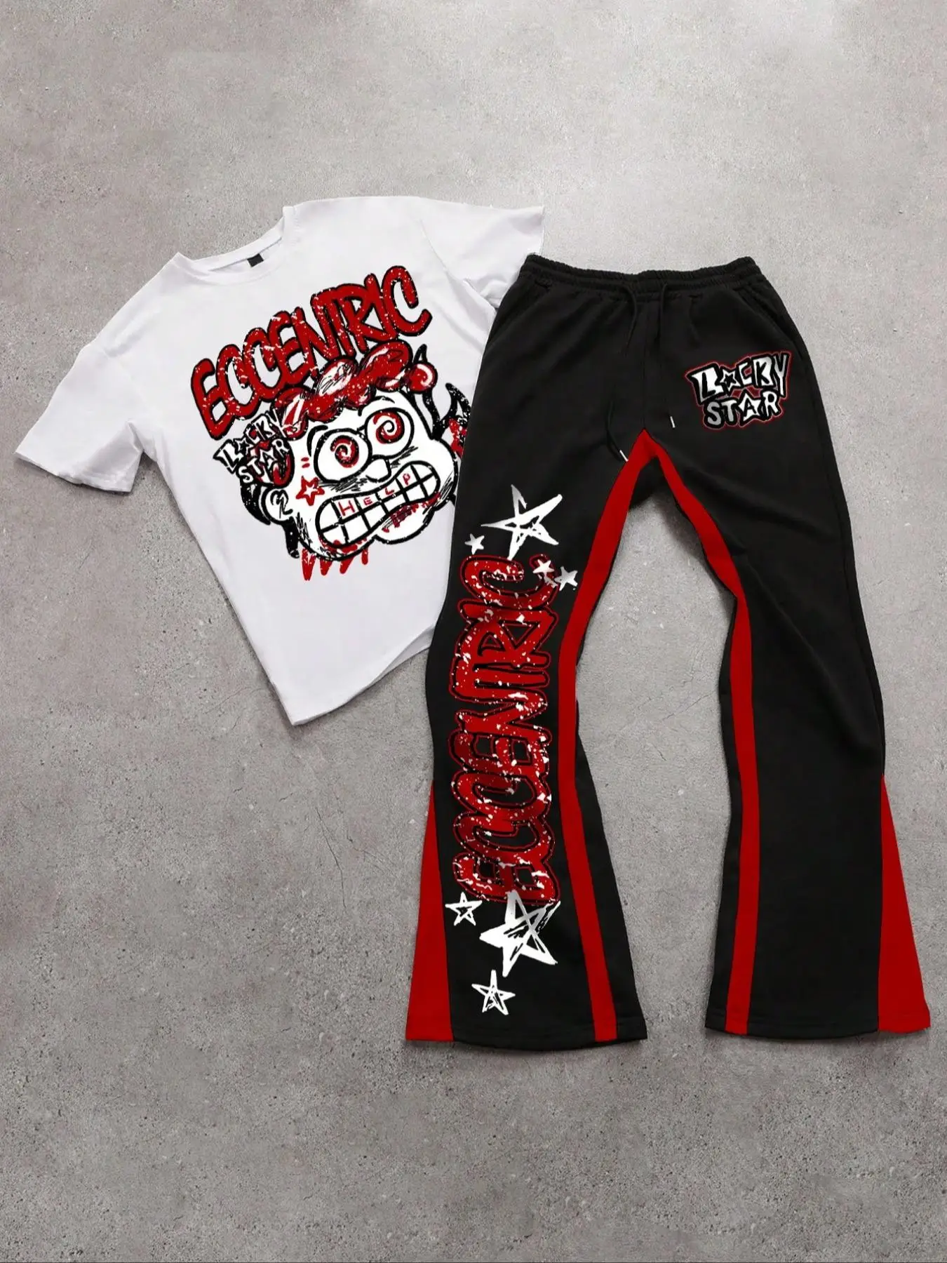 Two-piece Set Men's Figure Graphic Tee & Colorblock Drawstring Waist Flare Leg Sweatpants, Regular Fit Round Neck Short Sleeve T-shirt & Bell Bottom T