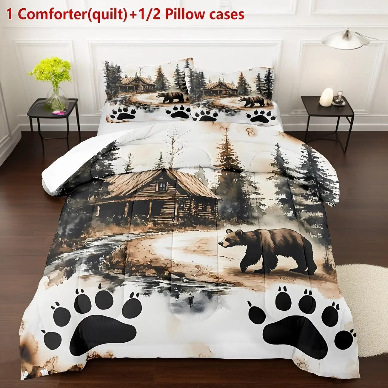 3-piece rural forest animal bedding set, 200gcm quilted filling (1 blanket+2 pillowcases) without pillow core, soft farmhouse forest theme blanket, Decorative bedding set, hunting animal bedding set - universal decoration for home rooms Bedspread Set
