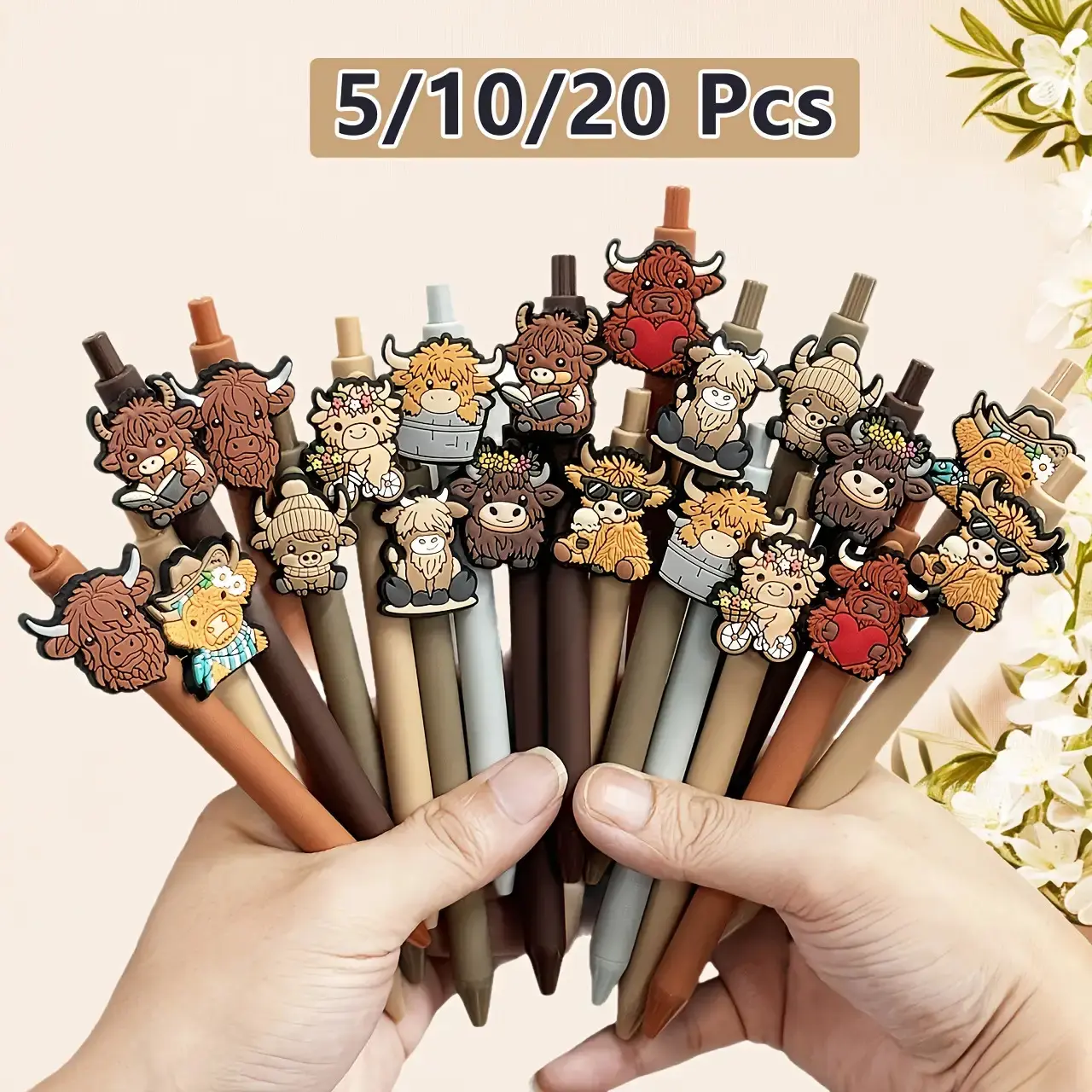Cute Highland Cattle Printing Pen Set, Unique Animal Design Pens, 5/10/20pcs Ink Retractable Pens, Cartoon Highland Cattle Gift, School Home Office Stationery Supplies Writing Tools