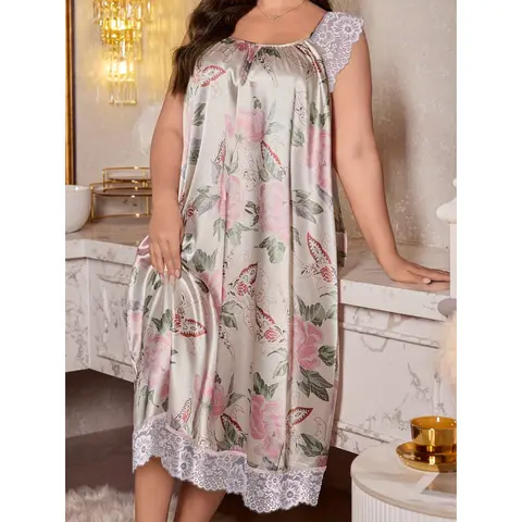 Women's Plus Size Oversize Camisole Night Gown - Elegant Thin Shoulder Strap, Loose Crew Neck, Elastane Comfortable Home Sleepwear