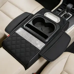 2026 Luxury Rhinestone Car Armrest Storage Box with Cup Holders & Tissue Dispenser Universal Multifunctional Center Console Cover Leather Armrest Pad & Paper Towel Holder for Car Interior Organization Stylish Decoration