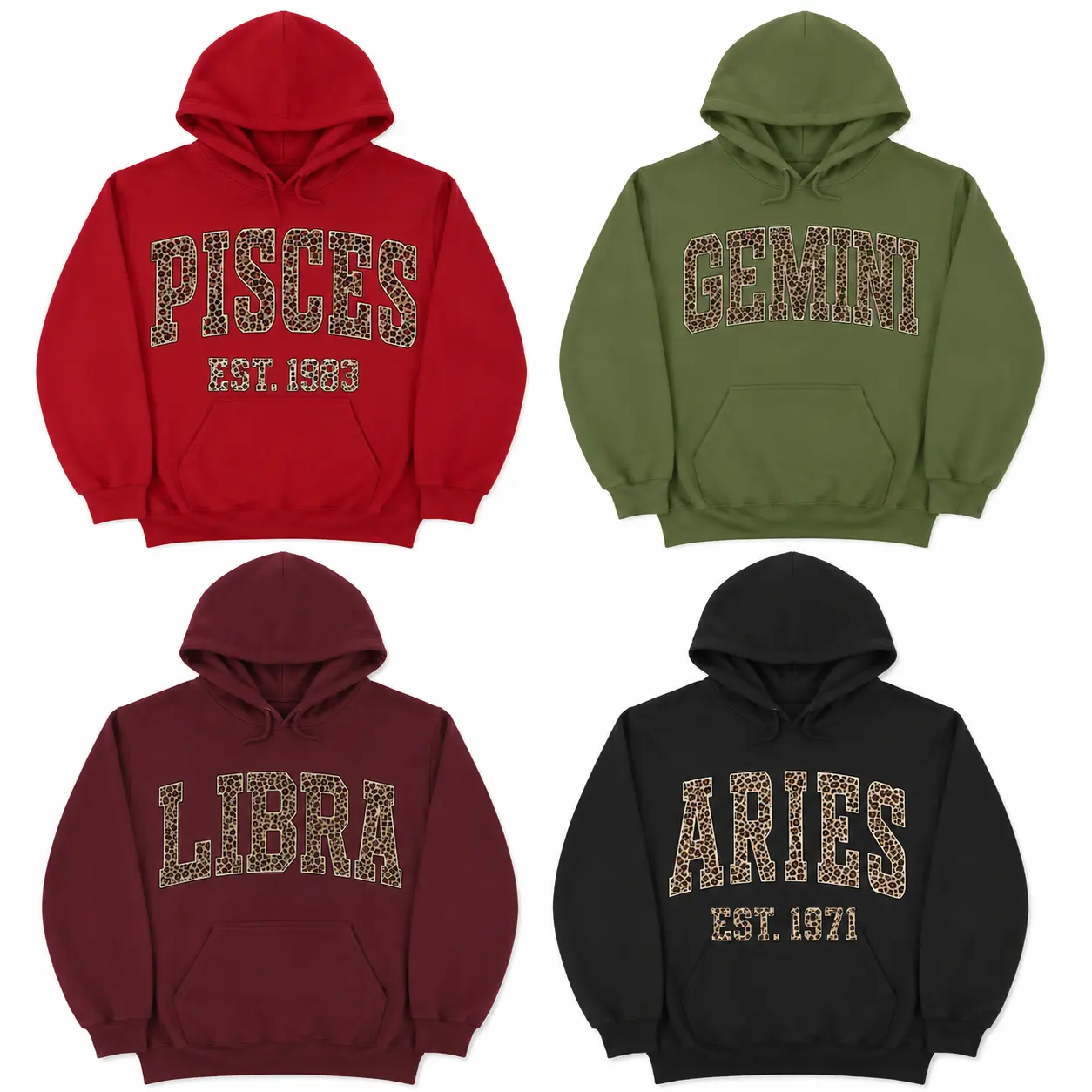 [LEAVE A NOTE OR NOT EST YEAR] Full 12 Minimalist Zodiac Hoodie – Trendy Astrology Sign Pullover with Leopard Print Letters, Optional Custom EST Birth Year, Unisex Horoscope Streetwear Gift for Zodiac Lovers