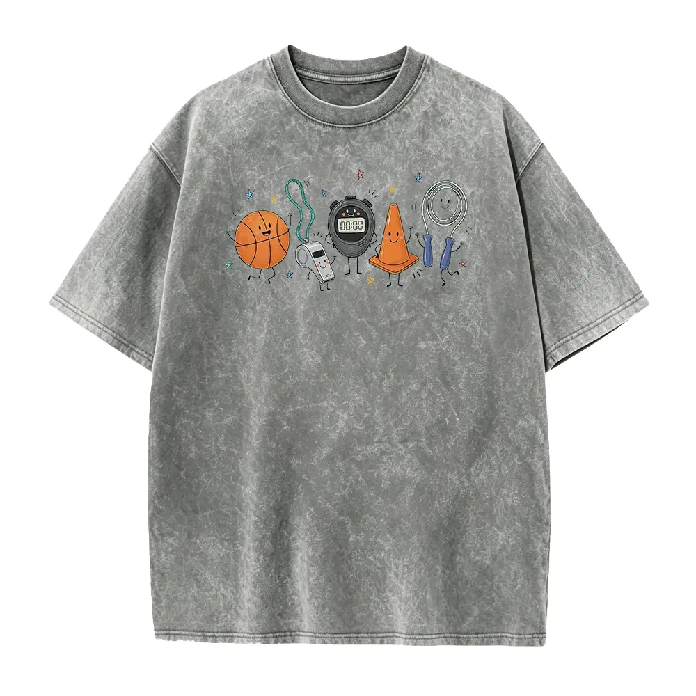 Coach Whistle Doodle Graphic Tee, Cute Sports Instructor Cotton T-Shirt, Unisex Vintage Washed Short Sleeve Casual Top