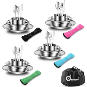 Stainless steel cutlery set, including bowls, plates, cups, forks, spoons, and knives, suitable for 4 people, camping cutlery set, ideal for backpacking, outdoor hiking, and picnics