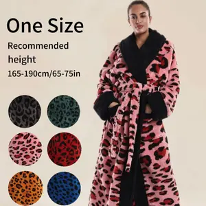 Luxurious Leopard Print Flannel Bathrobe, Shawl Collar Design, Waist Belt & Pockets, Unisex, One Size Fits All