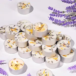 48 Pcs Lavender Scented Tealight Candles, 6H Long Burning - 100% Palm Wax Based with Dried Flowers, Non-Toxic Smokeless Bulk for Spa, Bath, Wedding