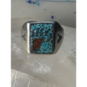 Bear Claw Ring size 10.25 turquoise coral chips southwest sterling silver women men