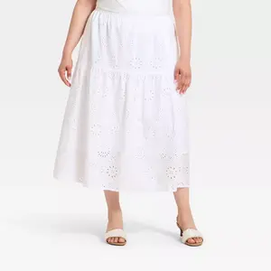 Women's Tiered Eyelet Midi Skirt - A New Day White 1X