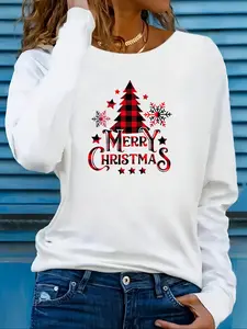 Women's Long Sleeve Christmas Print T-Shirt, Casual Round Neck Top, Fitted Moderate Fabric, All Seasons Wear, Ladies Fashion Clothing