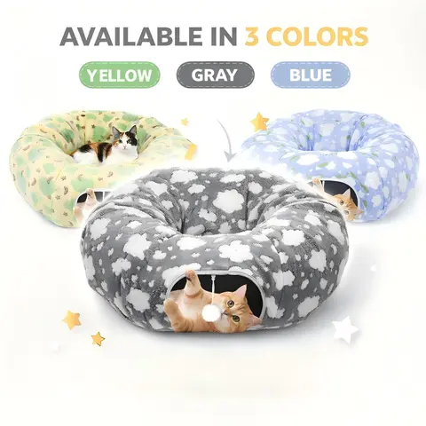 35'' Plush Fabric Cat Tunnel Bed for Indoor Cats - Christmas Themed, Fold-and-Go Setup, Peekaboo Hole Cave, Interactive Toy, Tree Skirt, Playful Ball, Circle Cushion, Cozy Naps Spot