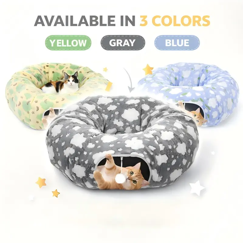 35'' Plush Fabric Cat Tunnel Bed for Indoor Cats - Christmas Themed, Fold-and-Go Setup, Peekaboo Hole Cave, Interactive Toy, Tree Skirt, Playful Ball, Circle Cushion, Cozy Naps Spot