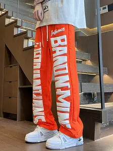 Men's Baggy Sweatpants with Letter Graphic Drawstring Wide Leg Casual Workout Streetwear in Vibrant Orange