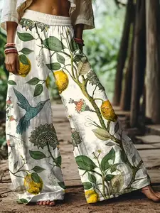 Women's Floral Print Casual Bohemian Wide Leg Long Pants, Comfortable Breathable Fabric, Ideal for Vacation, Home, Daily Wear, Suitable for Spring, Summer, Fall