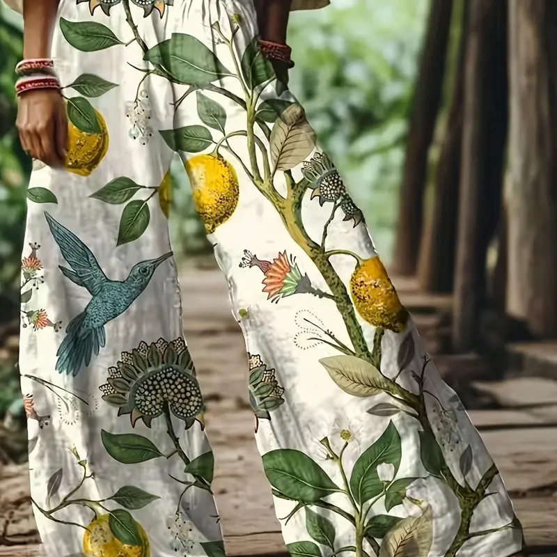 Women's Floral Print Casual Bohemian Boho Wide Leg Long Pants, Boho Fashion Trousers, Loose Fit, Baggy, Elastic, Comfortable Breathable Fabric, Ideal for Vacation, Home, Daily Wear, Suitable for Spring, Summer, Fall