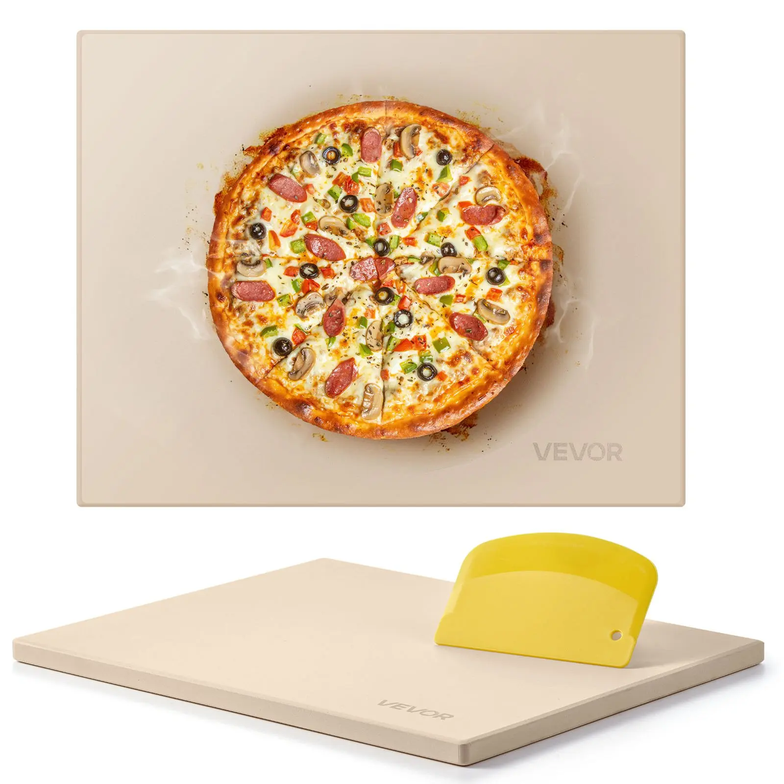 VEVOR Pizza Stone, 15 x 12 in Rectangular Cordierite Pizza Stone, Extra Large Baking-Stone with Scraper, 0.6 in Thick Heat-Resistant Cordierite, for Kitchen Oven, Baking Bread & Pizzas, BBQ GrillingSummervibes