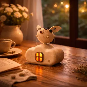Handcrafted Wooden Flying Pig Automaton Ornament – Internal Gear – Christmas & Black Friday Gift Decor – Silent Non-Music Version – USB-C Rechargeable Battery