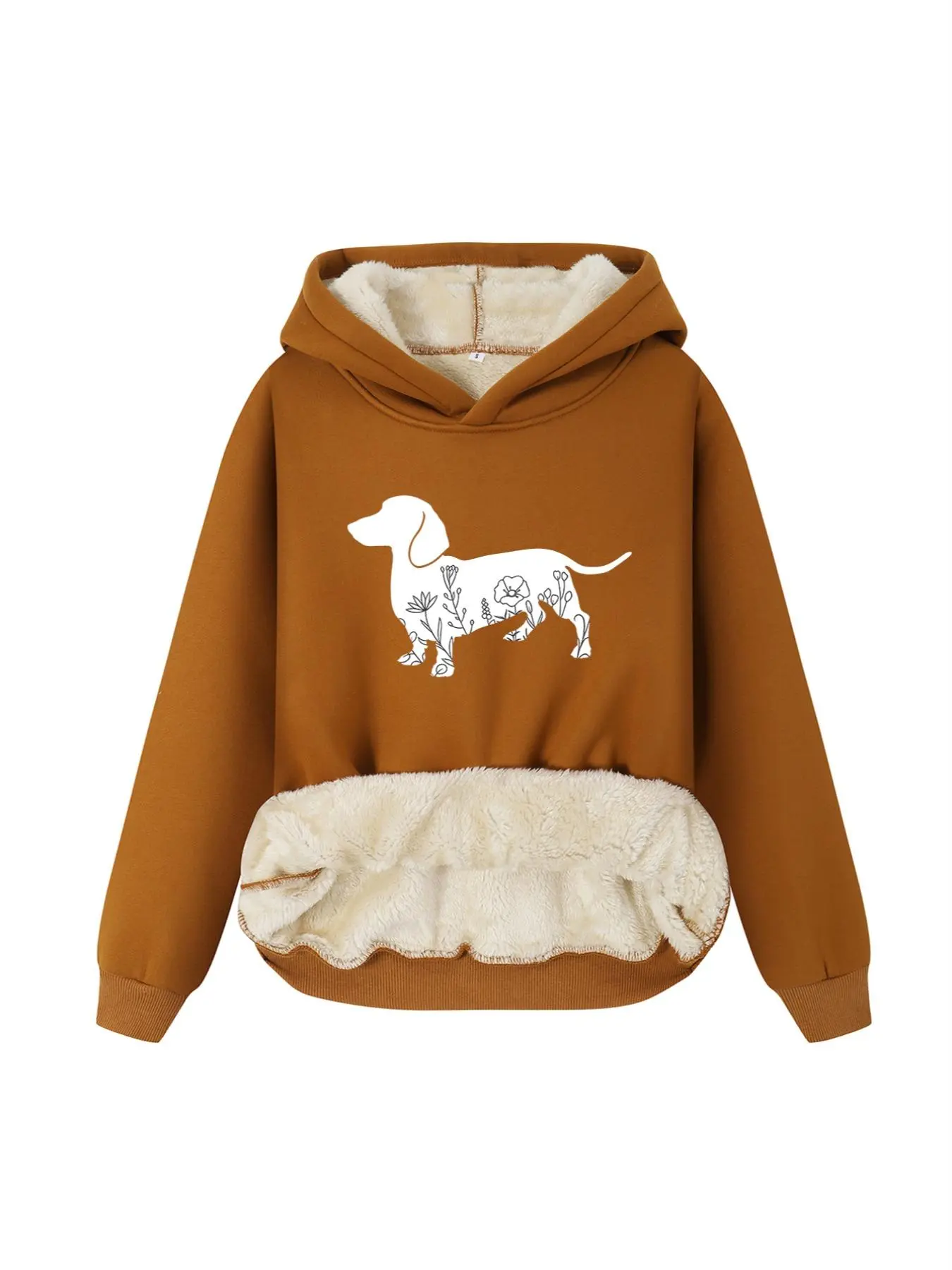 Women's Cartoon Dachshund & Floral Print Plush Hoodie, Casual Long Sleeve Thermal Lined Hooded Sweatshirt for Fall & Winter, Women's Clothes for Daily Wear, Hooded Top, Casual Hooded Sweatshirts