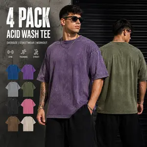 4 Pack Oversized Vintage Washed T Shirts Heavyweight Cotton Acid Wash Baggy Gym Workout Streetwear Tees Soft Casual Unisex Basic Tops