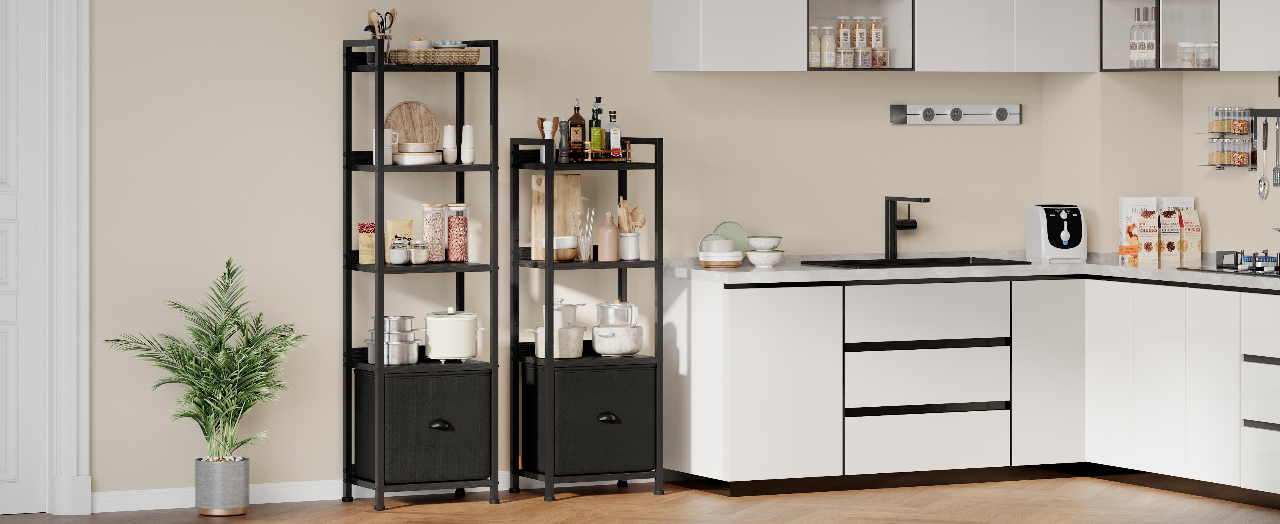 Slim Bookshelf with Fabric Drawer, Tall Narrow Wood & Metal Storage Shelf Unit, Space Saving Bookcase for Living Room, Bedroom, Office