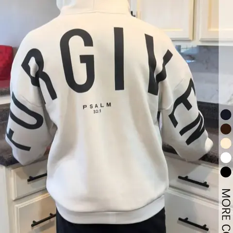 1 Pc Men's Fitted Minimalist Faith-Based Hoodie Sweatshirt, Clothing Hoodie, Bold "FORGIVEN" Text Design with Scriptural Reference, Soft Breathable Long Sleeves for Casual Wear and Spiritual Gatherings, Perfect for Young Christians