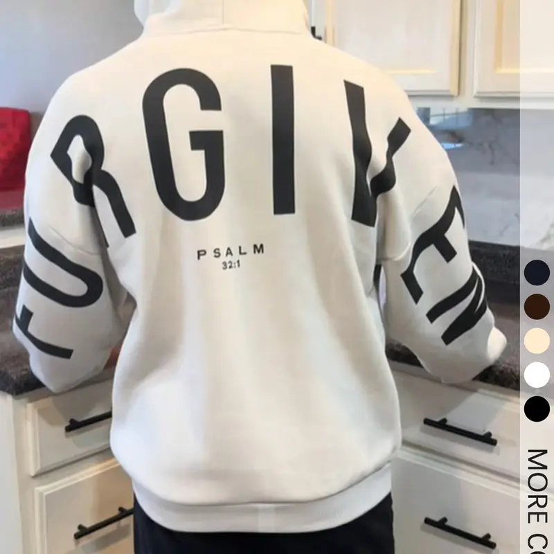 1 Pc Men's Fitted Minimalist Faith-Based Hoodie Sweatshirt, Clothing Hoodie, Bold "FORGIVEN" Text Design with Scriptural Reference, Soft Breathable Long Sleeves for Casual Wear and Spiritual Gatherings, Perfect for Young Christians