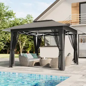 13*13"Pop Up Outdoor Furniture Pergola, Outdoor Gazebo Tent With Metal Frame And Mosquito Netting, Heavy Duty Double Roof Tent, Simple One Push Installation Design, Wind, Rain And Mosquito Resistant, Enhanced Ventilation And Tilt Stability