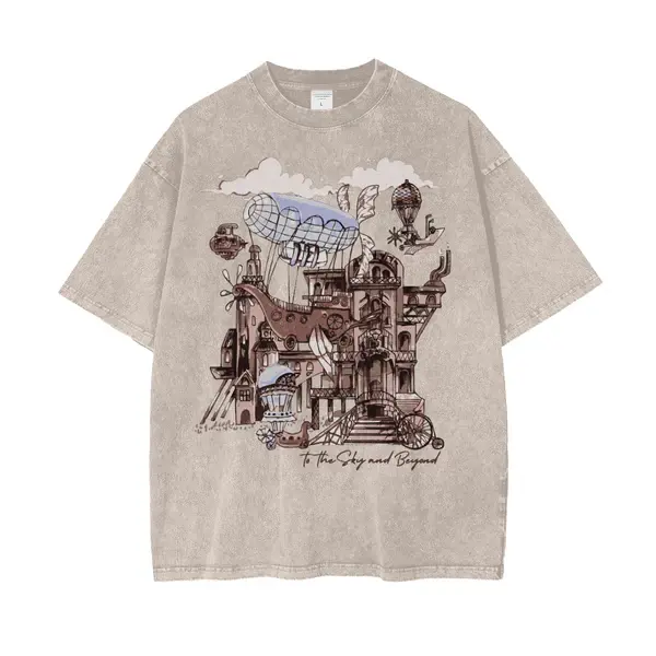Men's Oversized Cotton T-Shirt, Vintage Washed Streetwear with Steampunk Figure Graphic, Casual Shortsleeve Crew Neck - Hand Wash Only