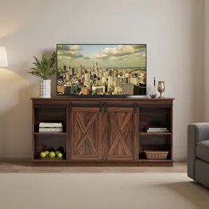 Wooden TV Stand - Farmhouse 65-Inch Entertainment Media Console, Modern Engineered Wood, Reinforced Top, Storage Cabinets, Sliding Barn Doors, Indoor Living Room Furniture
