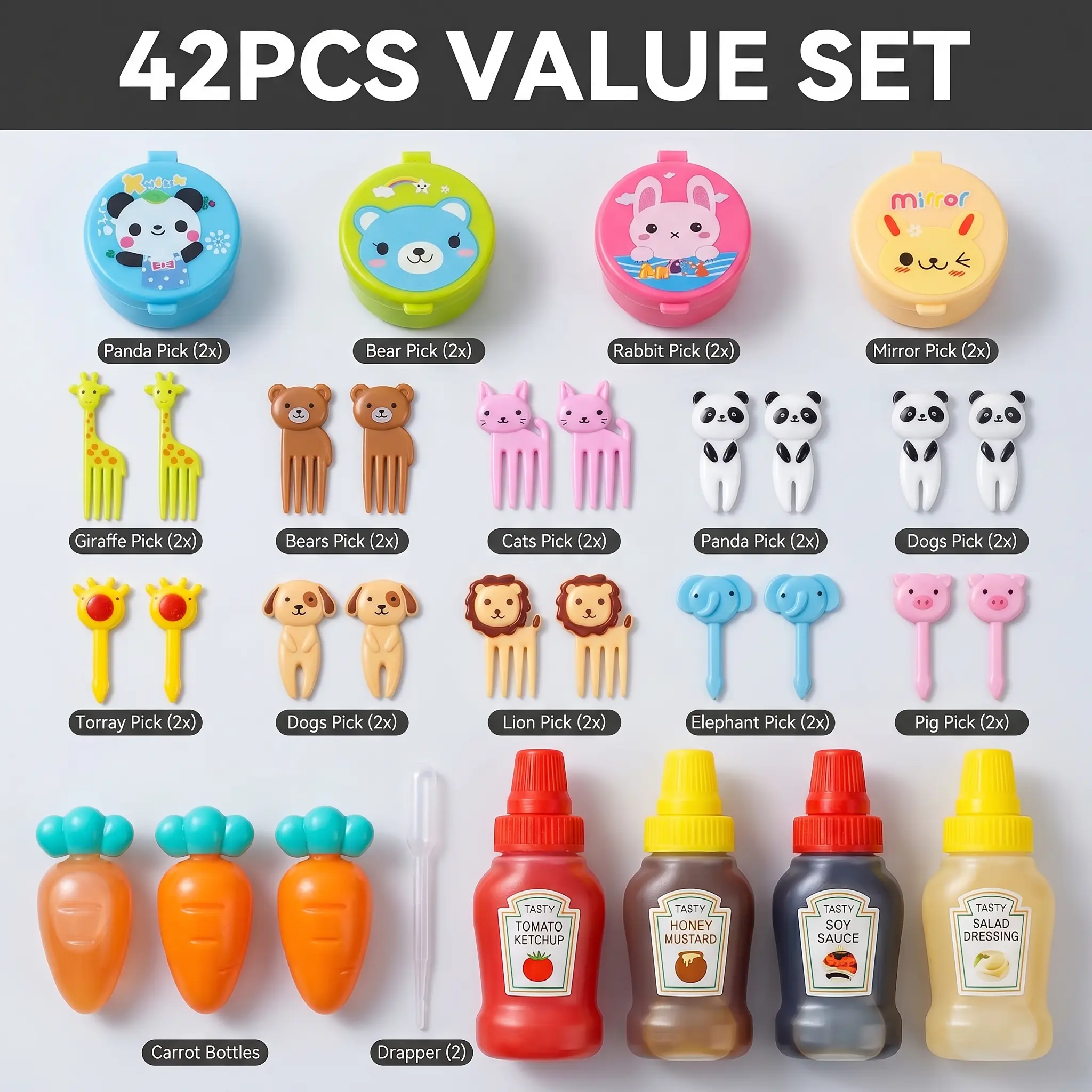 42pcs/Set Eco-Friendly ABS Whimsical Animal Fruit Forks - Durable Reusable Kitchen Utensils, Mini Squeeze Bottles for BBQ Picnic, Mealtime, Outdoor Gatherings (Abs, Mini Sized Products Included)