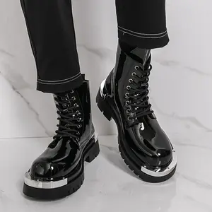 Men's Leather Lace-up Platform Military Combat Boots Round Toe Side Zipper Comfort Chunky Heel Lug Sole Non-Slip High Top Biker Ankle Booties Boy Shoe Footwear black boots winter shoes cowboy boots men steel toe boots men