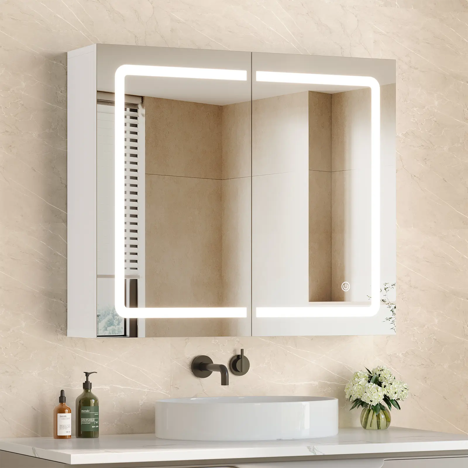 Hasuit Bathroom Medicine Cabinet with Mirrors and Led Lights Double Doors Wall Mounted Mirror Cabinet with Storage Organizer Lighted Medicine Cabinets with Adjustable Shelves Bathroom Storage Cupboard
