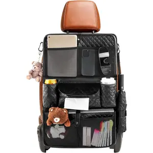 Seat Organizer with Foldable Table Tray - 11 Storage Pockets PU Leather Backseat Organizer with Tablet Holder, Seat  Protector Kick Mat for  Family Road Trip Accessories (Black)