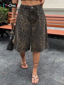 Trendy New Leopard Print Denim Jeans, Fashionable Street Style, Spring Summer Youthful Look, Women's Mid-Calf Jeans, Button Fly Closure