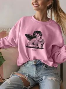 Women's Cherub Angel Graphic Print Crew Neck Sweatshirt, Casual Long Sleeve Pullover, Women's Fall & Winter Clothes for Daily Wear