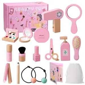 Wooden Makeup Toy Set Pretend Wood Beauty Salon Toys Toddler Wooden Makeup Kit with Realistic Accessories Toddler Pretend Play toy for Girls 3 4 5 6 7 8 Year Old Christmas Birthday Gifts