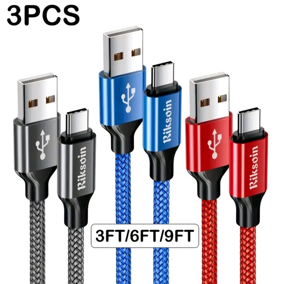 Paquete de 3 cables USB-C [1m/2m/3m], Cargador Rápido Trenzado en Nailon Premium, Cable de Carga Rápida 3A, USB-A a Tipo C compatible con iPhone 16/16 Pro/16 Pro Max/15, Samsung Galaxy S24 S23 S22 Note 20 10