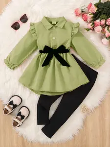 Two-piece Set Baby Girl's Frill Trim Belted Peplum Blouse Top & Leggings Pants, Cute Spring & Autumn Outfits Clothes for Infant Toddler Kids, Newborn Baby Gift Set, Chic Bow Accent
